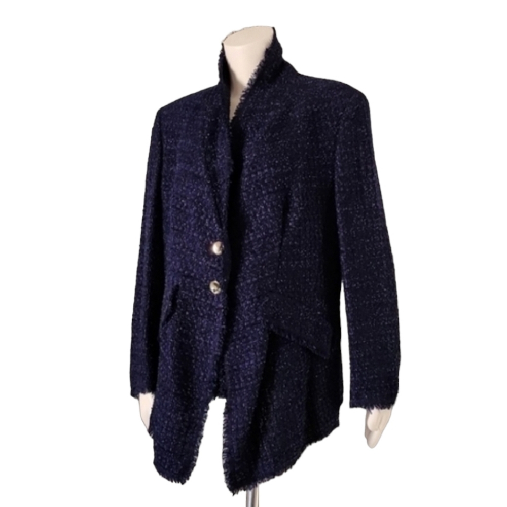 VINTAGE ESCADA Bouclé Tweed Blazer 44 M Blue Silk Wool Textured Sparkle Jacket - Picture 10 of 16
